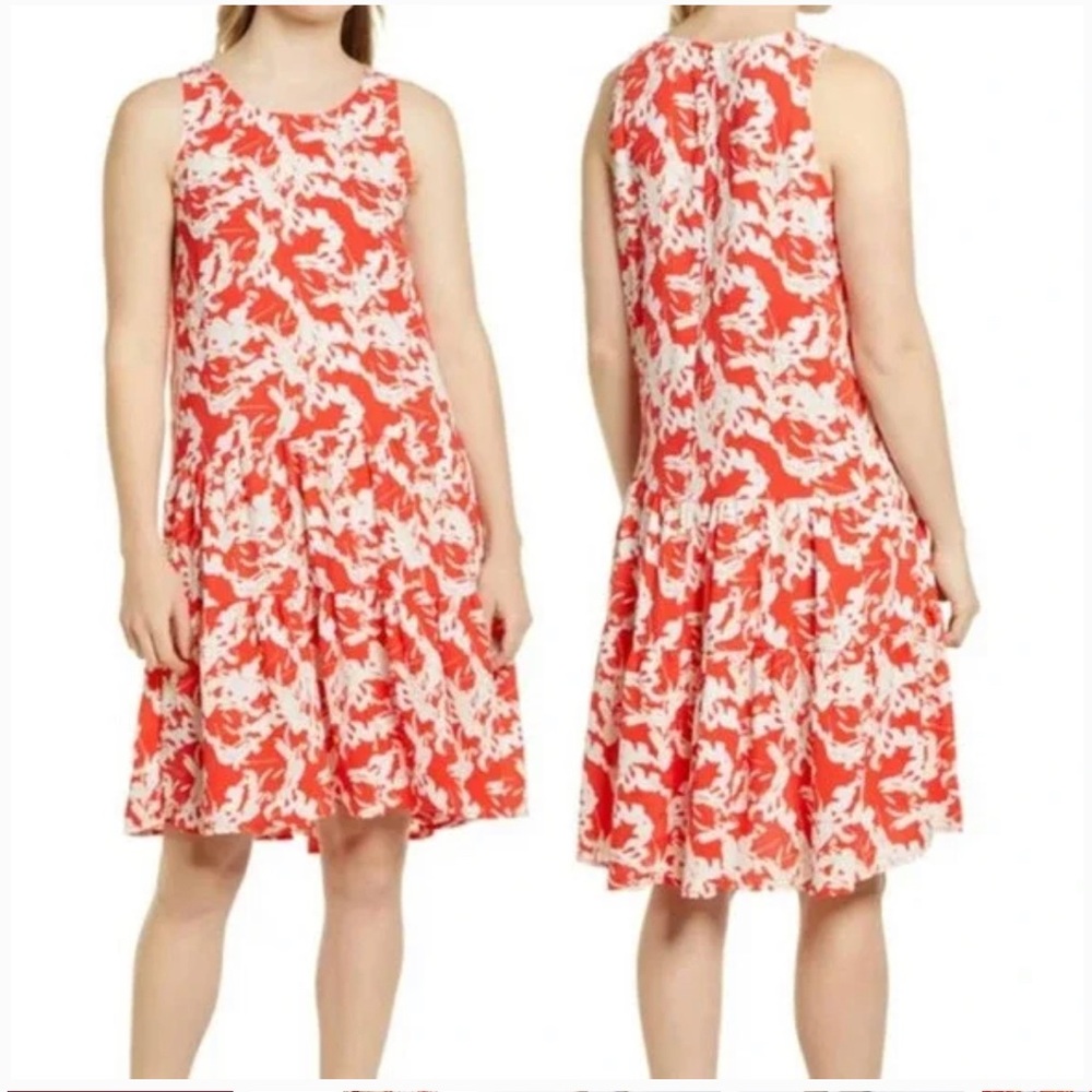 NEW Caslon Orange and White Floral Sleeveless Tiered Dress Size M NWT